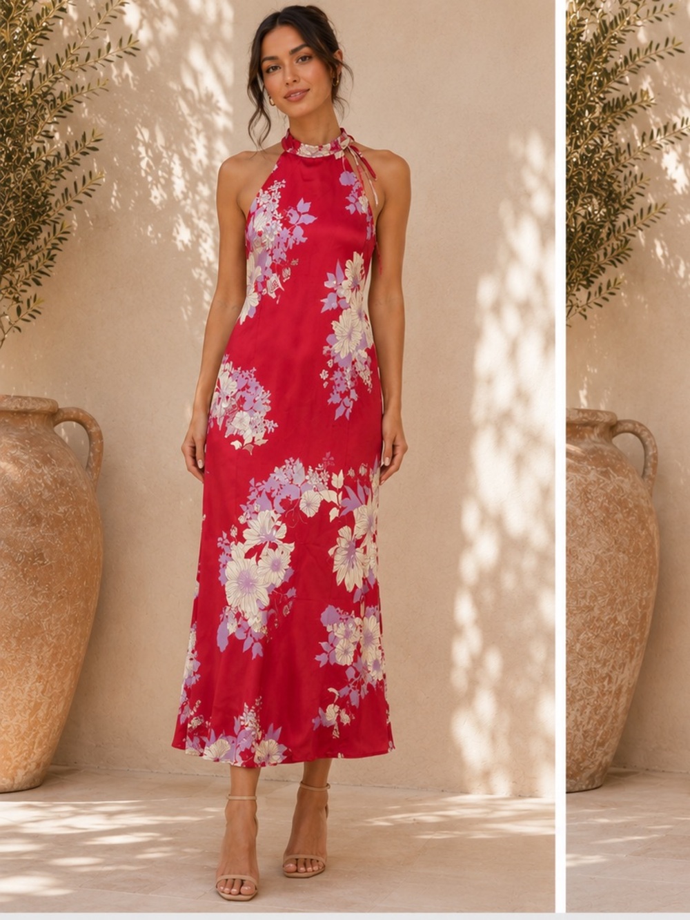 hutch mari red floral print high neck satin side slit midi dress size small NEW
